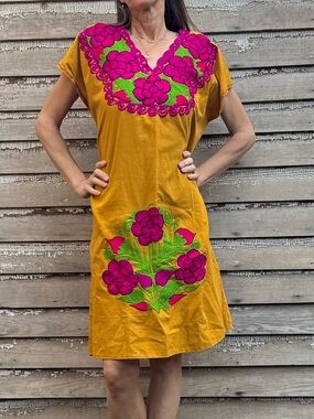 Embroidered Floral V-Neck Bohemian Sack Dress